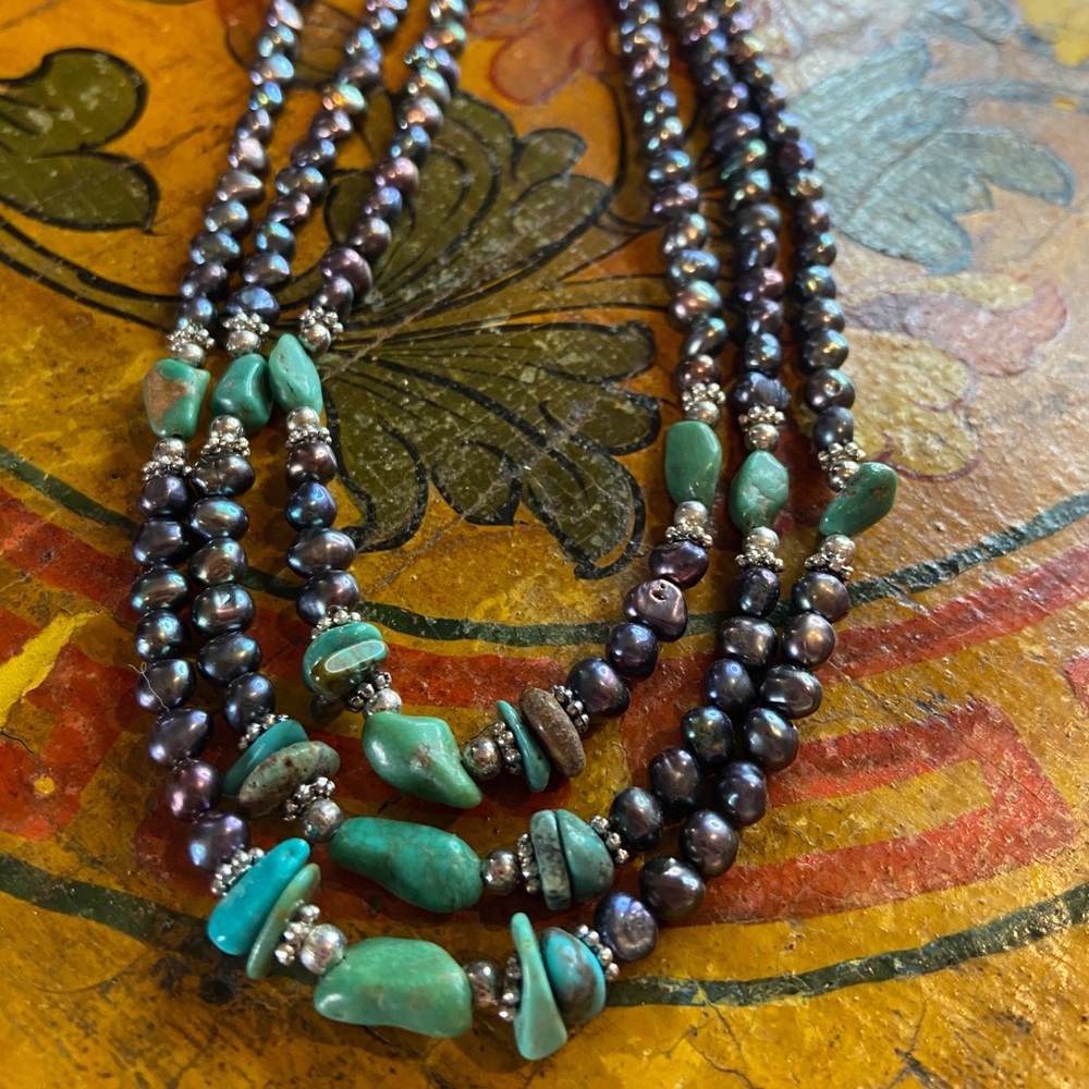 Black Freshwater Pearl/Turquoise Necklace - Picture 2 of 12
